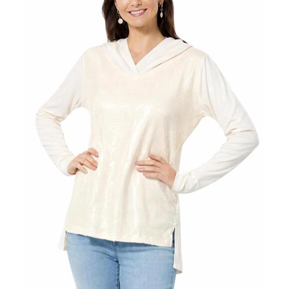 Colleen Lopez Tops - Colleen Lopez Women's Mixed Media Sequin Front Hoodie Cream Size Small